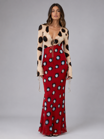 Women's Animal Print Maxi Dress – Plunging V-Neckline with Tie-Front Detail – Fitted Long Sleeves