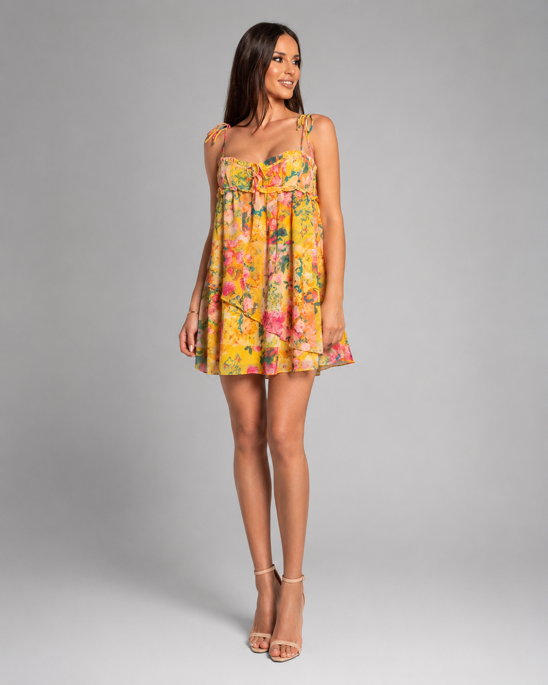Women's Eco Chiffon Mini Dress – Patchwork Floral Print with Sheer Puff Sleeves