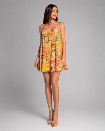Women's Eco Chiffon Mini Dress – Patchwork Floral Print with Sheer Puff Sleeves
