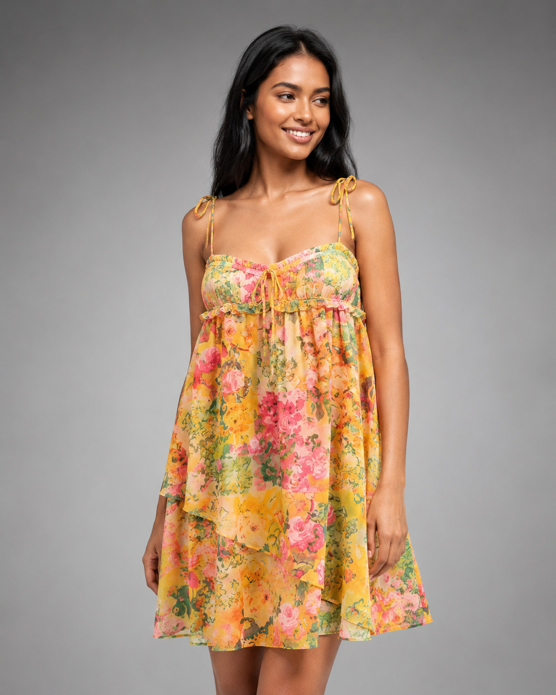Women's Eco Chiffon Mini Dress – Patchwork Floral Print with Sheer Puff Sleeves