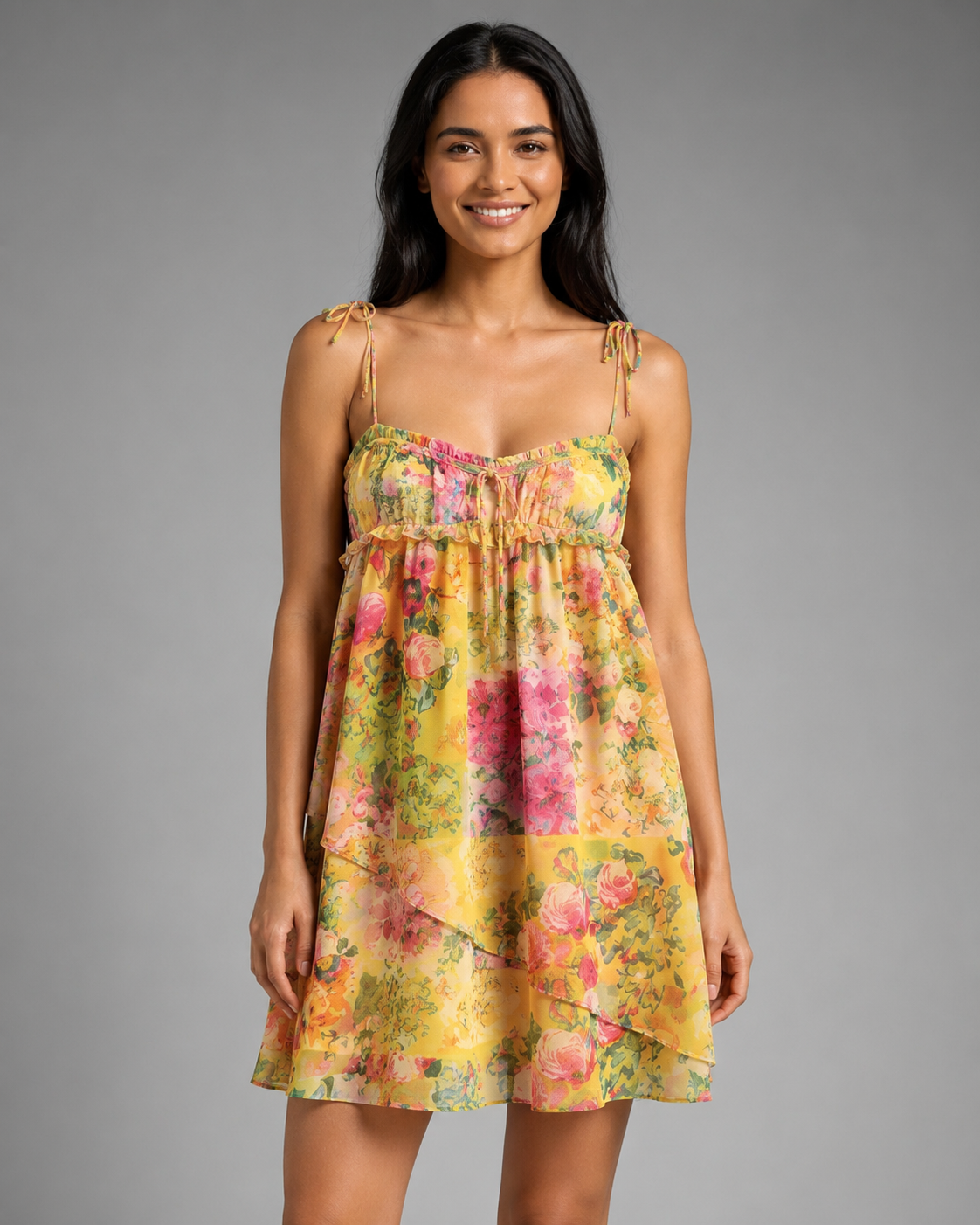 Women's Eco Chiffon Mini Dress – Patchwork Floral Print with Sheer Puff Sleeves