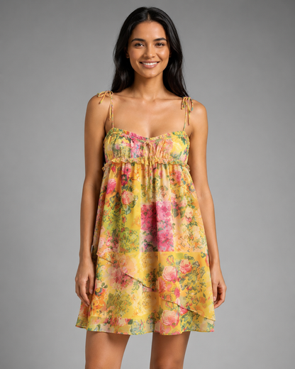 Women's Eco Chiffon Mini Dress – Patchwork Floral Print with Sheer Puff Sleeves
