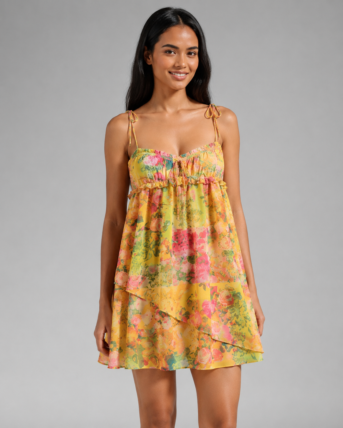 Women's Eco Chiffon Mini Dress – Patchwork Floral Print with Sheer Puff Sleeves