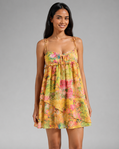 Women's Eco Chiffon Mini Dress – Patchwork Floral Print with Sheer Puff Sleeves