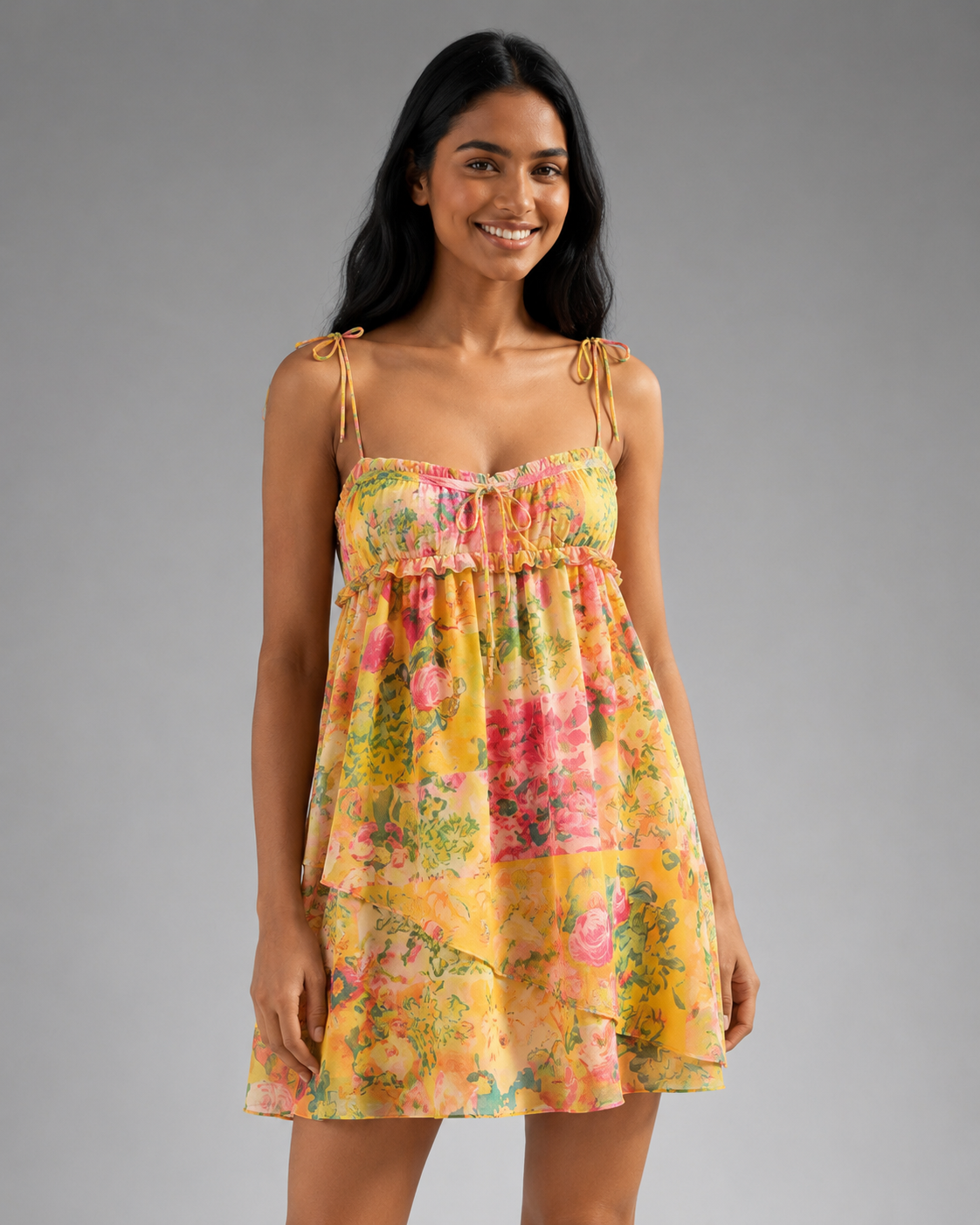 Women's Eco Chiffon Mini Dress – Patchwork Floral Print with Sheer Puff Sleeves