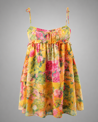 Women's Eco Chiffon Mini Dress – Patchwork Floral Print with Sheer Puff Sleeves