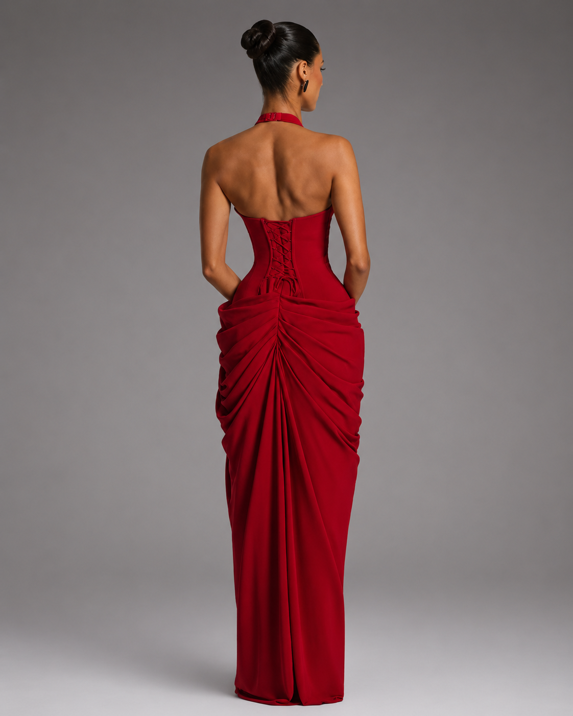 Women's Lightweight Halter Neck Maxi Dress – Draped Silhouette with High Slit