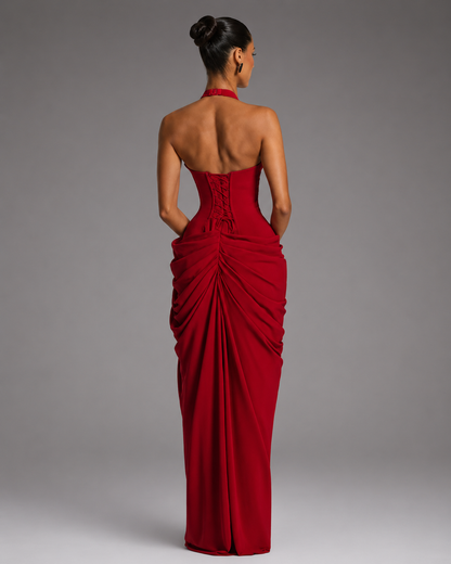 Women's Lightweight Halter Neck Maxi Dress – Draped Silhouette with High Slit