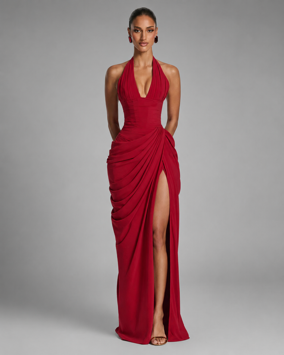 Women's Lightweight Halter Neck Maxi Dress – Draped Silhouette with High Slit