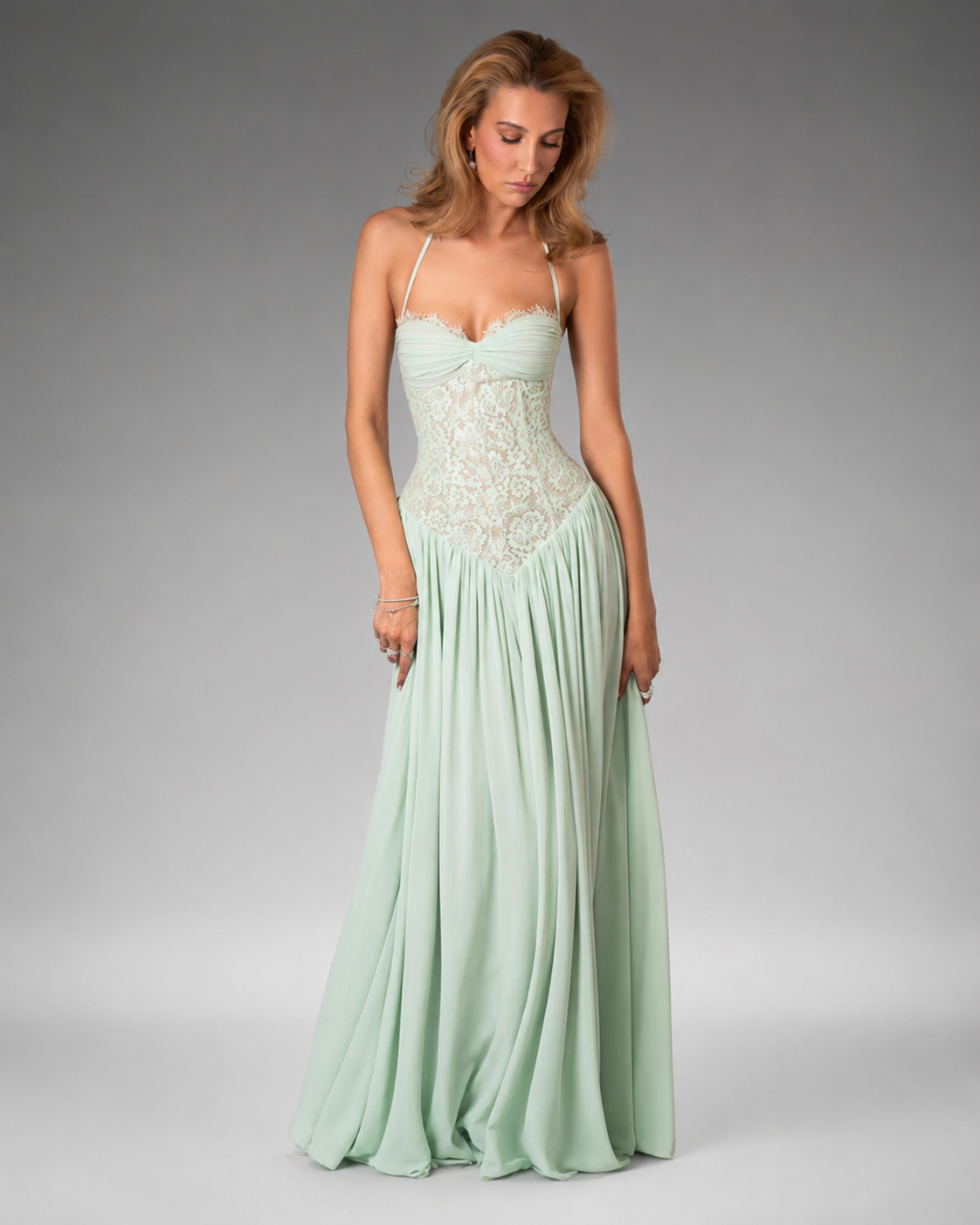 Women's Lace Maxi Dress – Halter Neckline with Corset Fit