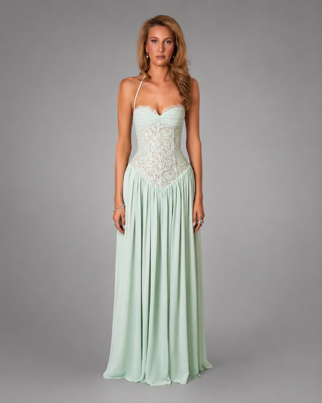 Women's Lace Maxi Dress – Halter Neckline with Corset Fit