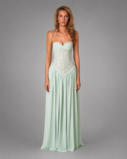 Women's Lace Maxi Dress – Halter Neckline with Corset Fit