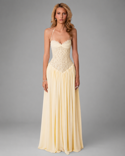 Women's Lace Maxi Dress – Halter Neckline with Corset Fit