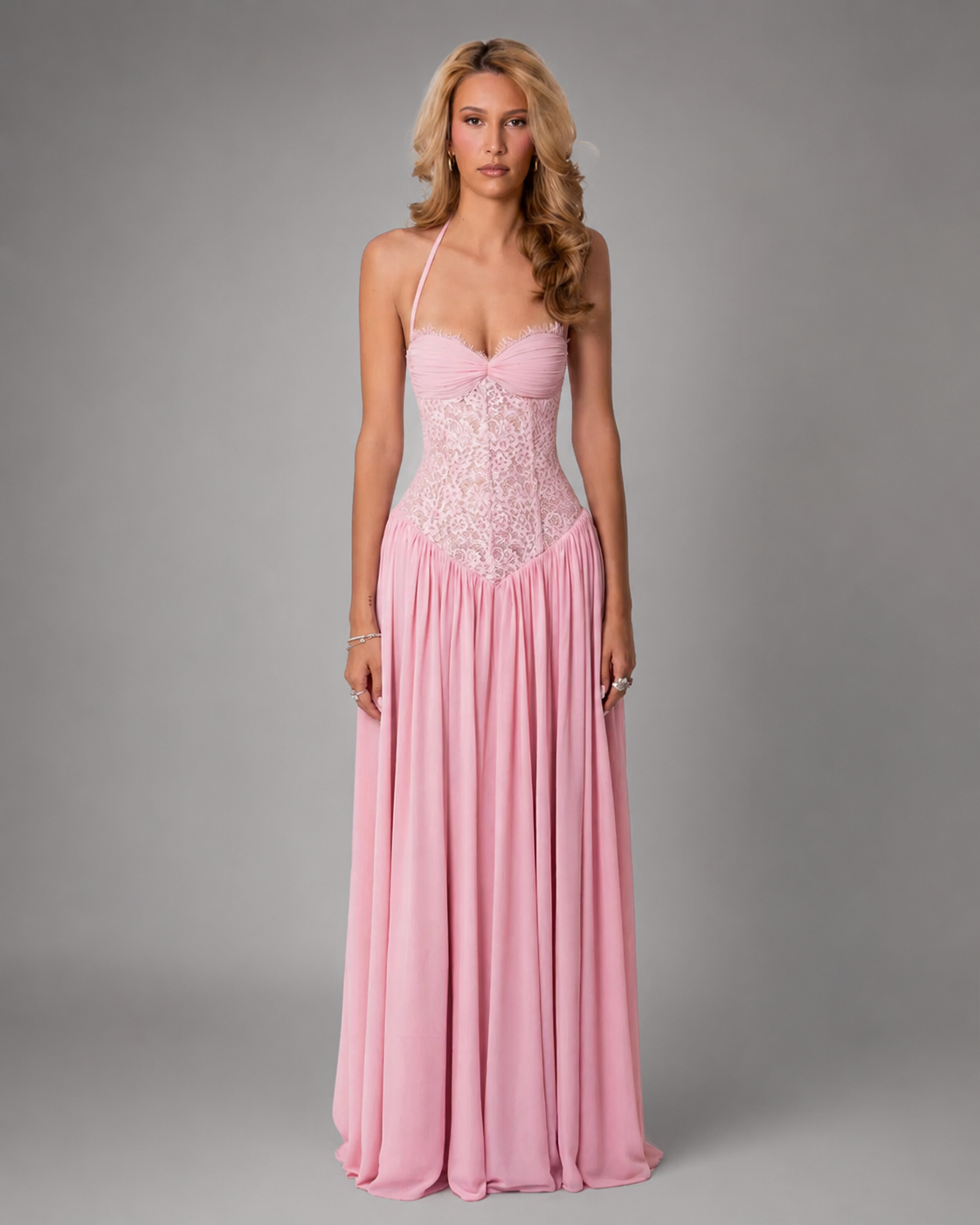 Women's Lace Maxi Dress – Halter Neckline with Corset Fit
