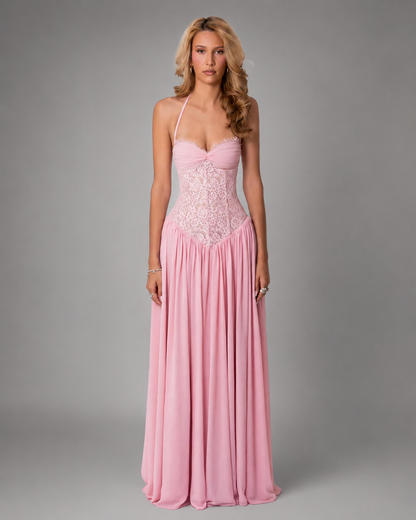Women's Lace Maxi Dress – Halter Neckline with Corset Fit