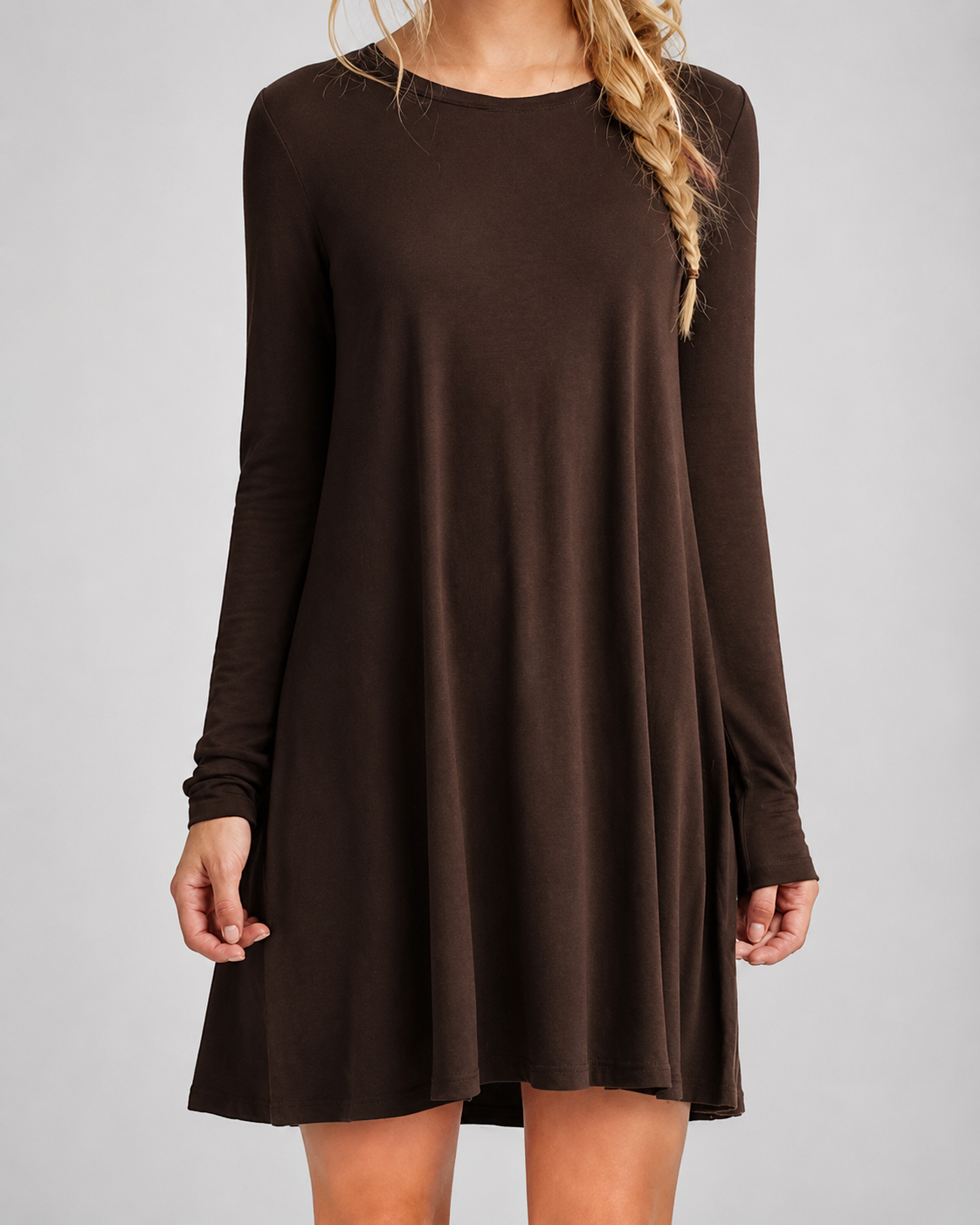 Women's Long Sleeve Pleated Swing Dress – Solid Color Round Neck