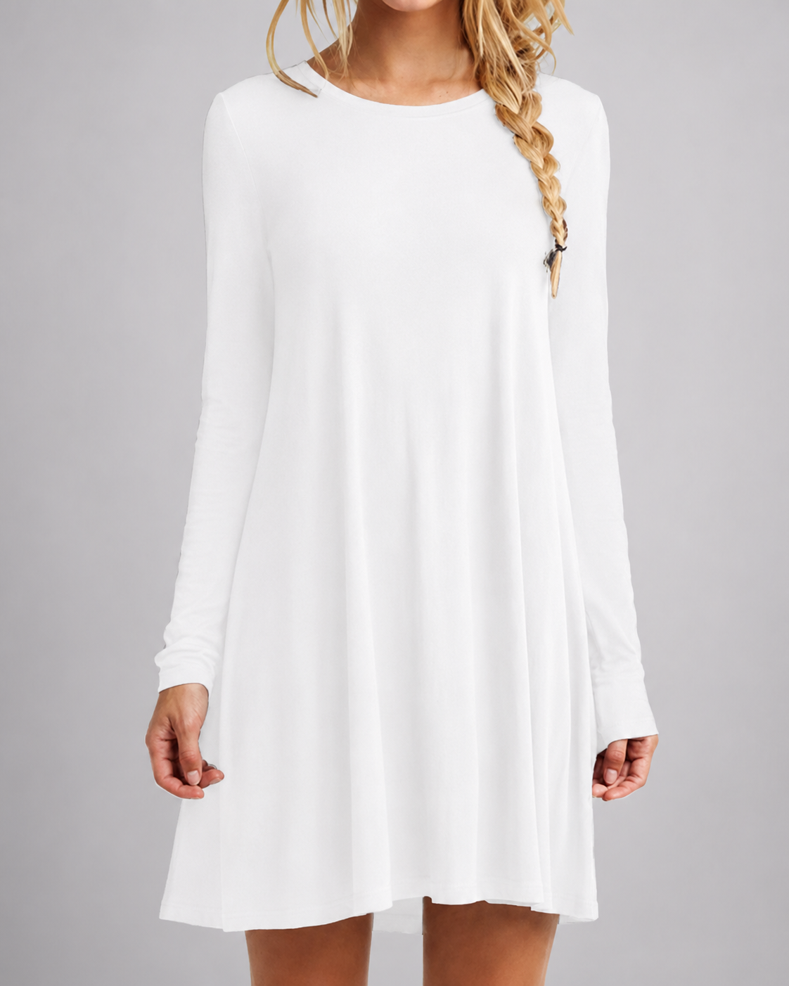 Women's Long Sleeve Pleated Swing Dress – Solid Color Round Neck