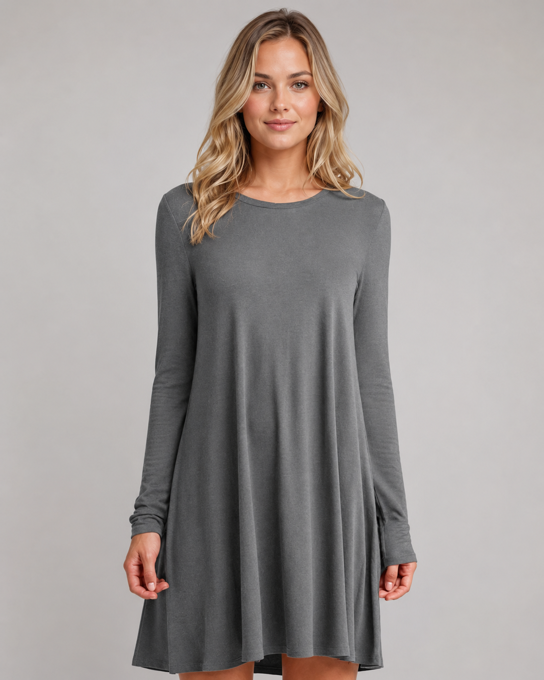 Women's Long Sleeve Pleated Swing Dress – Solid Color Round Neck