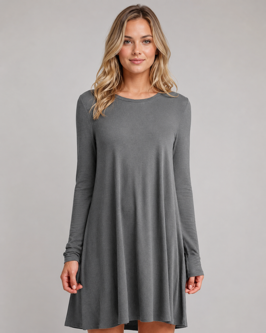 Women's Long Sleeve Pleated Swing Dress – Solid Color Round Neck