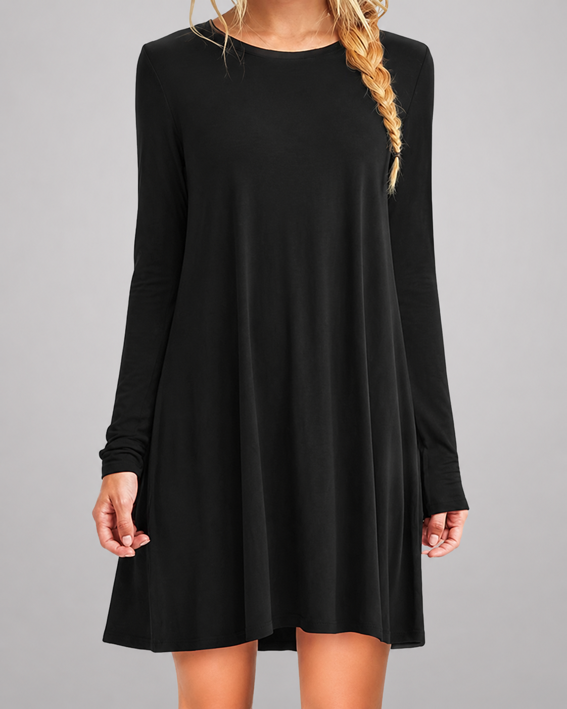 Women's Long Sleeve Pleated Swing Dress – Solid Color Round Neck