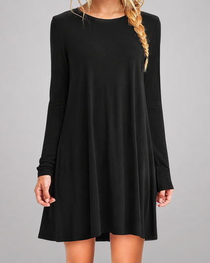Women's Long Sleeve Pleated Swing Dress – Solid Color Round Neck