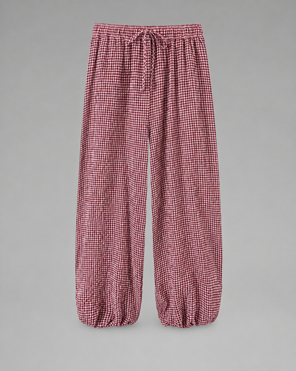 Women's Lightweight Red Plaid Lantern Pants – Drawstring Waist, Relaxed Fit