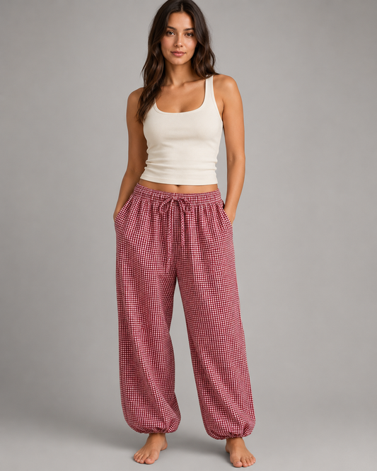 Women's Lightweight Red Plaid Lantern Pants – Drawstring Waist, Relaxed Fit