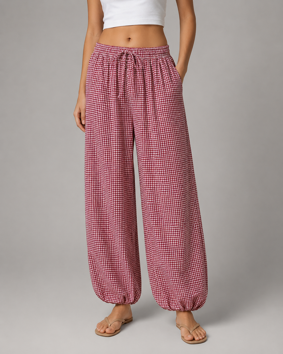 Women's Lightweight Red Plaid Lantern Pants – Drawstring Waist, Relaxed Fit