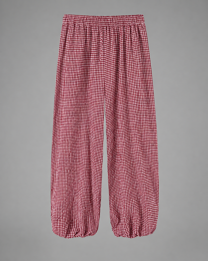 Women's Lightweight Red Plaid Lantern Pants – Drawstring Waist, Relaxed Fit