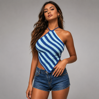 Women's Crochet Halter Top – Colorful Striped Design, Sleeveless