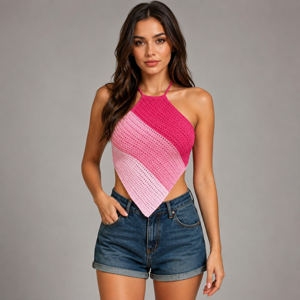 Women's Crochet Halter Top – Colorful Striped Design, Sleeveless