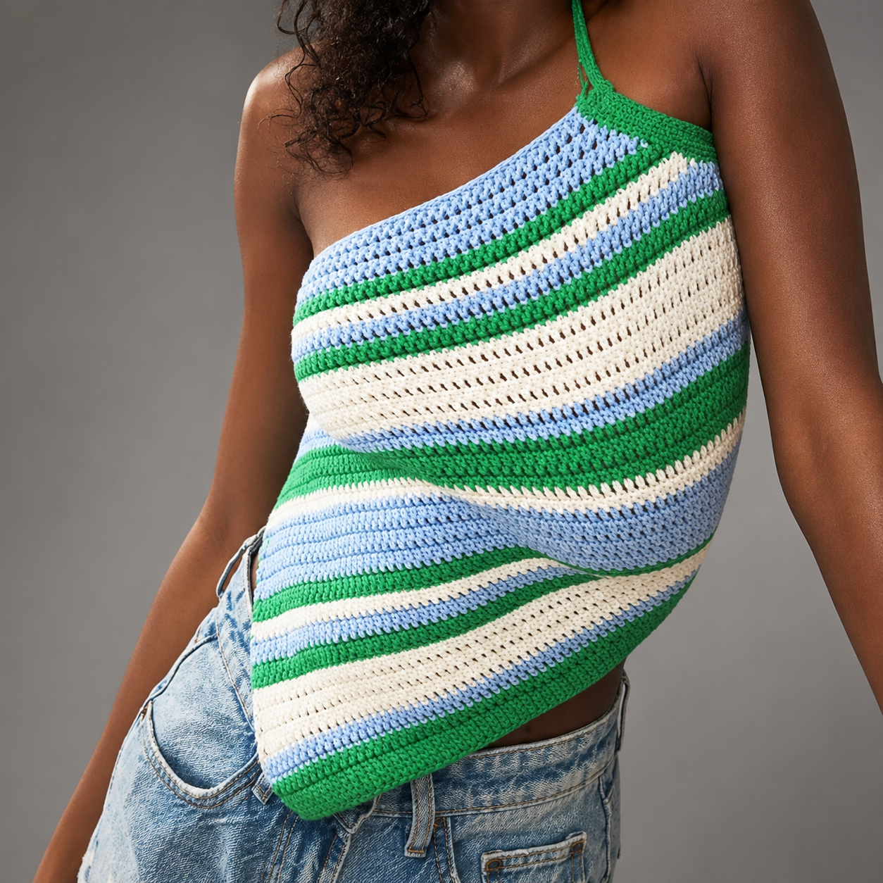 Women's Crochet Halter Top – Colorful Striped Design, Sleeveless