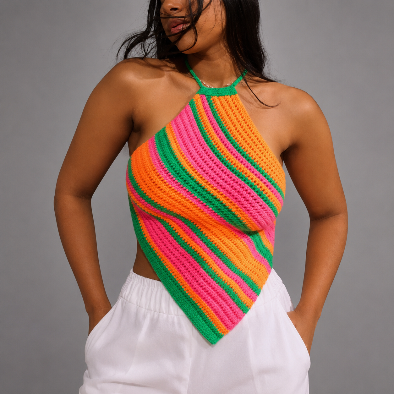 Women's Crochet Halter Top – Colorful Striped Design, Sleeveless