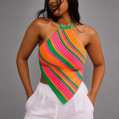 Women's Crochet Halter Top – Colorful Striped Design, Sleeveless