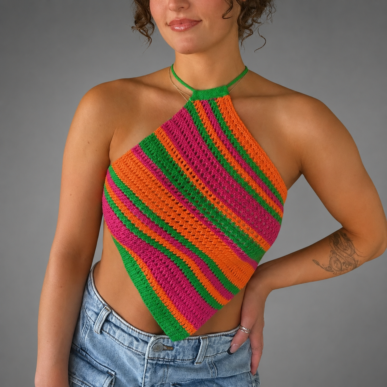 Women's Crochet Halter Top – Colorful Striped Design, Sleeveless
