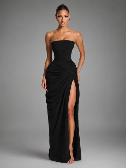 Women's Strapless Maxi Dress – High Slit with Draped Details