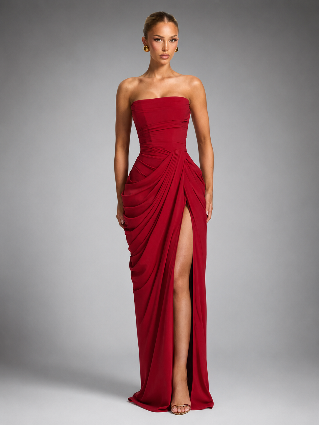 Women's Strapless Maxi Dress – High Slit with Draped Details