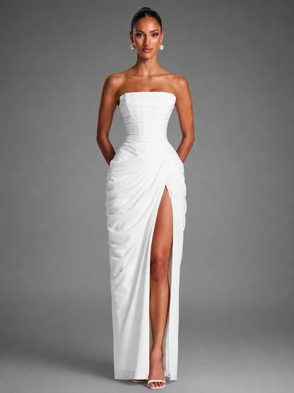 Women's Strapless Maxi Dress – High Slit with Draped Details