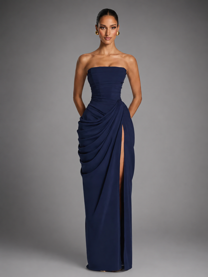 Women's Strapless Maxi Dress – High Slit with Draped Details