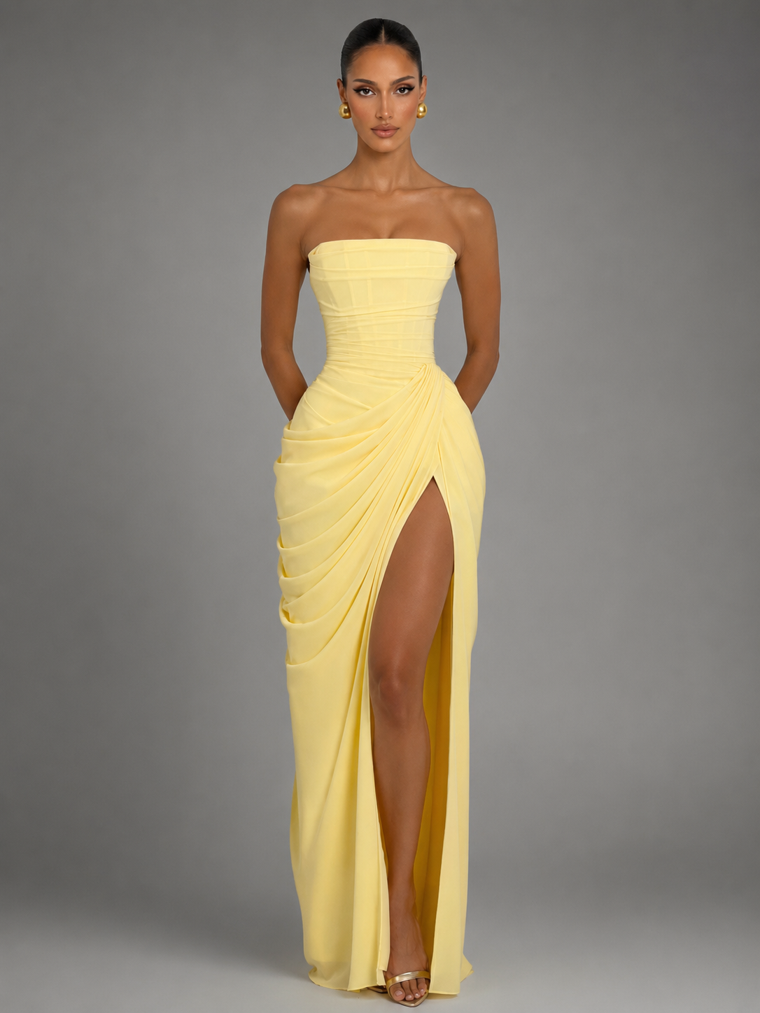 Women's Strapless Maxi Dress – High Slit with Draped Details