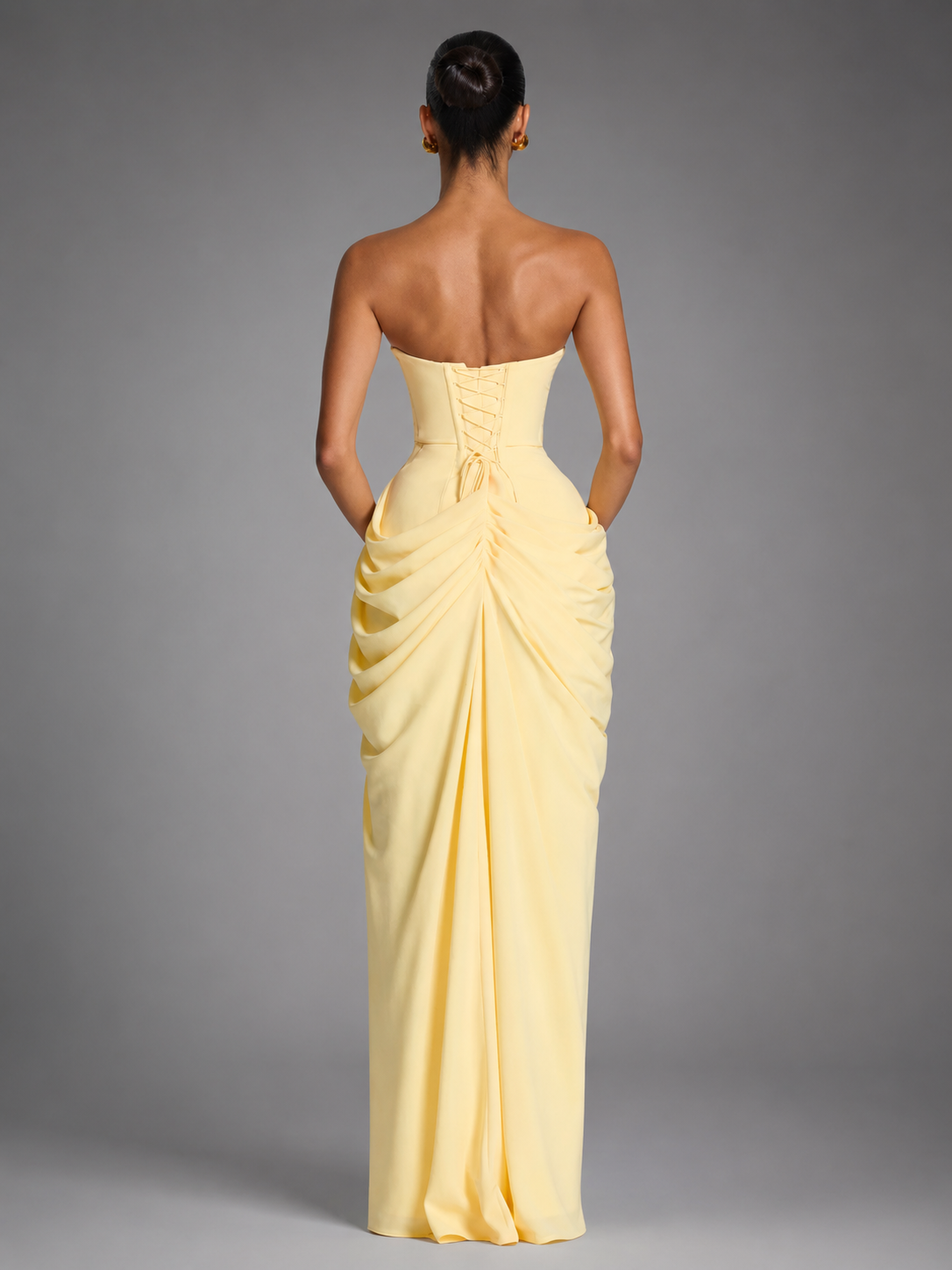 Women's Strapless Maxi Dress – High Slit with Draped Details
