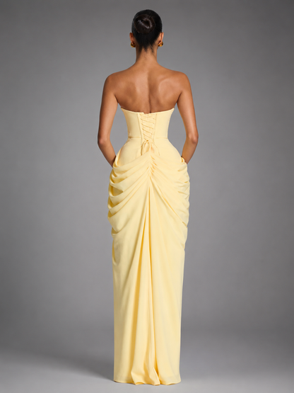 Women's Strapless Maxi Dress – High Slit with Draped Details