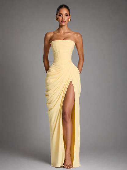 Women's Strapless Maxi Dress – High Slit with Draped Details
