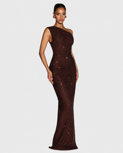 Women's Sequin Maxi Dress – One-Shoulder Silhouette – Floor-Length Fit