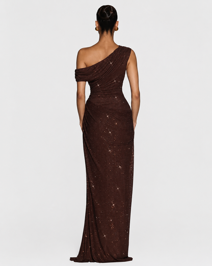 Women's Sequin Maxi Dress – One-Shoulder Silhouette – Floor-Length Fit