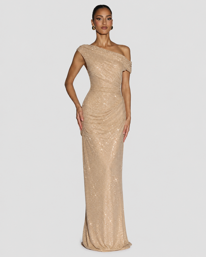 Women's Sequin Maxi Dress – One-Shoulder Silhouette – Floor-Length Fit
