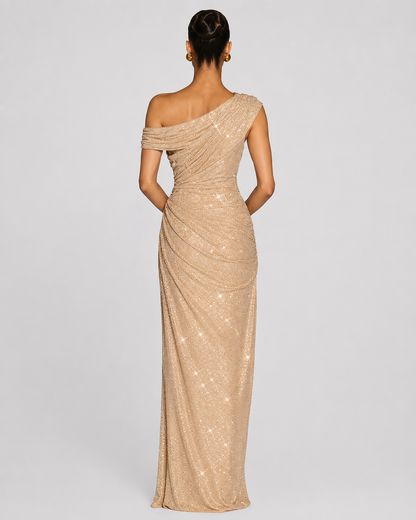 Women's Sequin Maxi Dress – One-Shoulder Silhouette – Floor-Length Fit