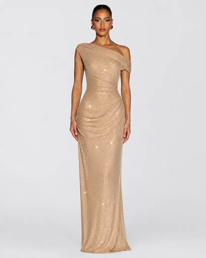 Women's Sequin Maxi Dress – One-Shoulder Silhouette – Floor-Length Fit