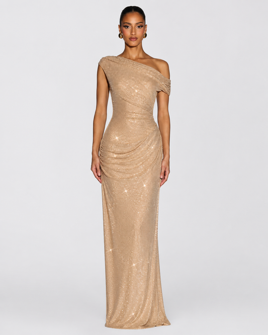 Women's Sequin Maxi Dress – One-Shoulder Silhouette – Floor-Length Fit