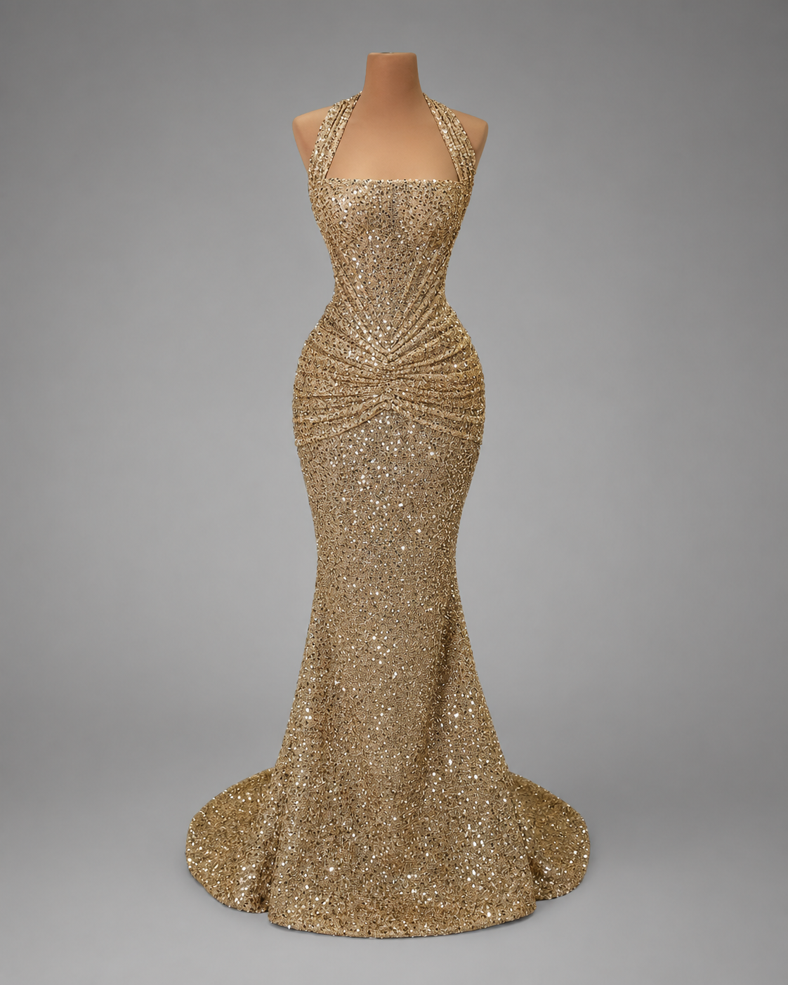 Women's Gold Mermaid Gown – Halter Neckline with Ruching – Formal Dress